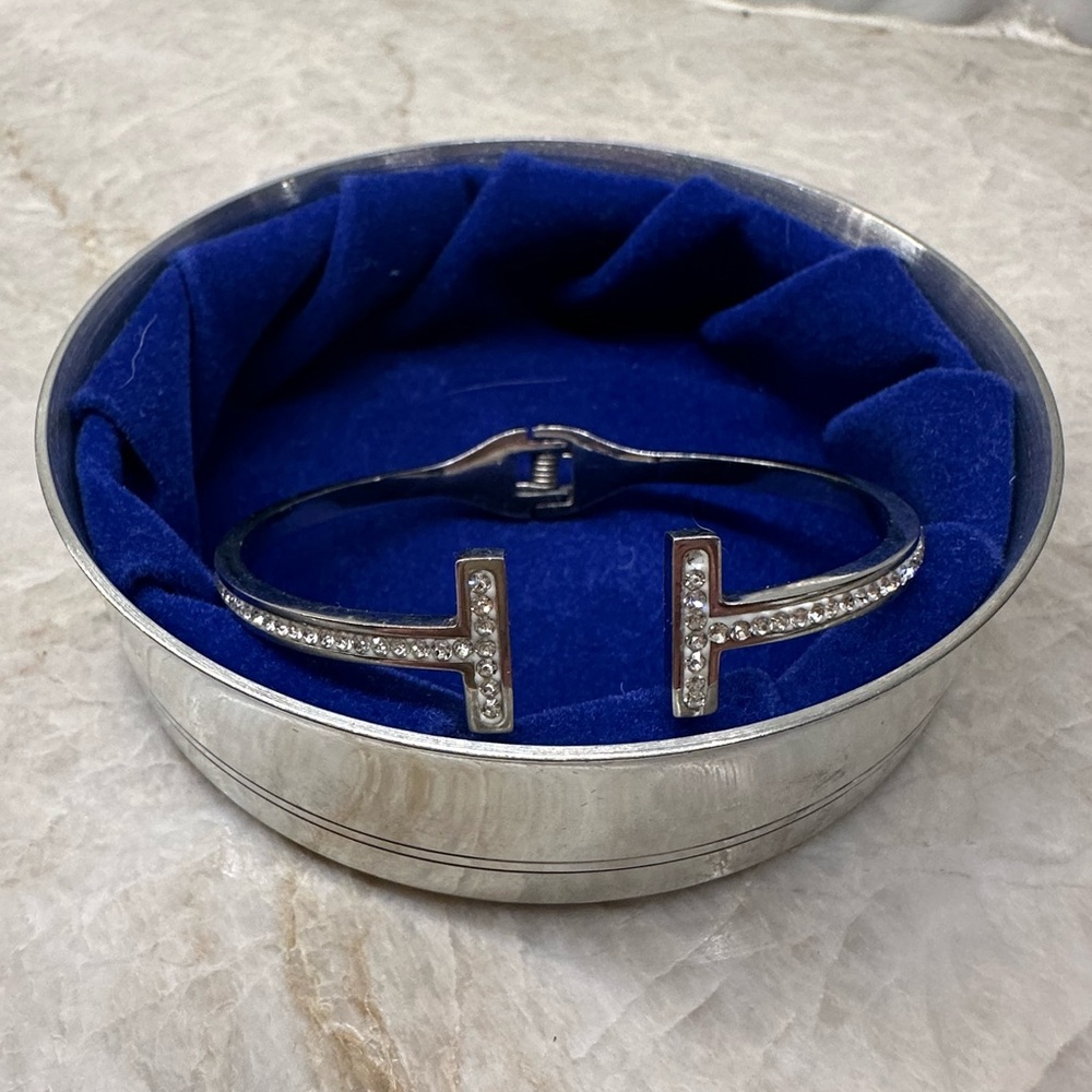Double T Silver and Crystal Open Cuff Bracelet